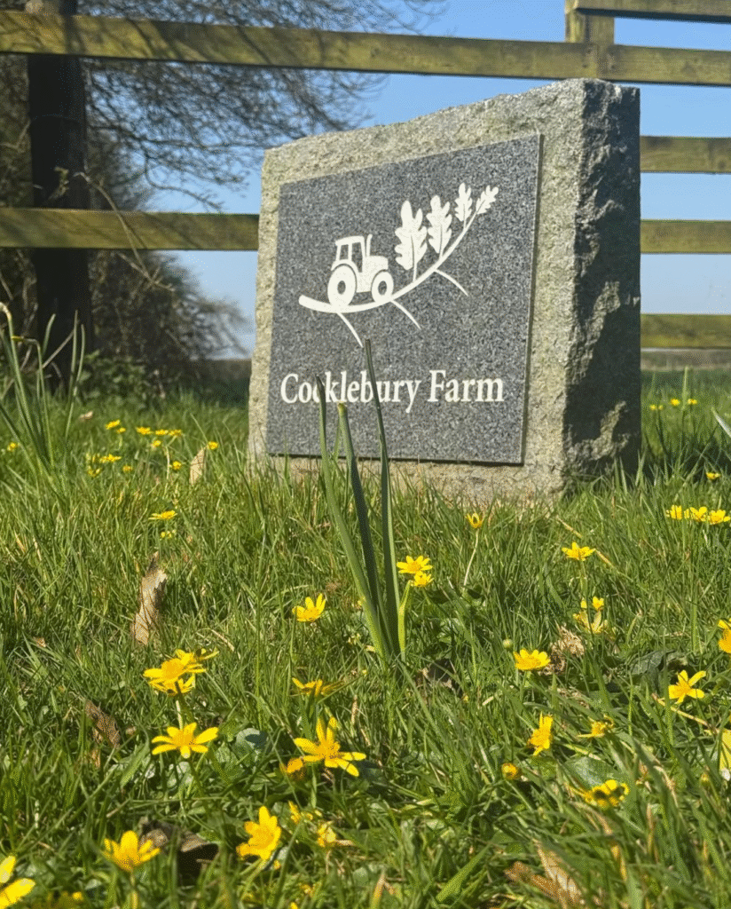 Cocklebury Farm driveway marker with yellow flowers