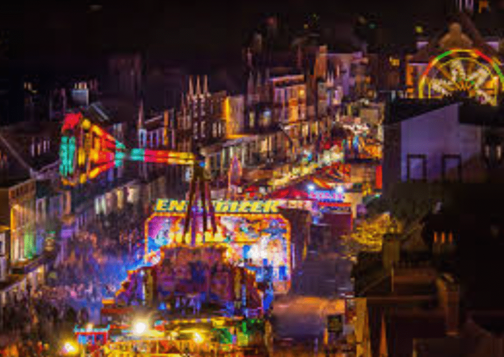 Overhead view of Marlborough Mop Fair at night
